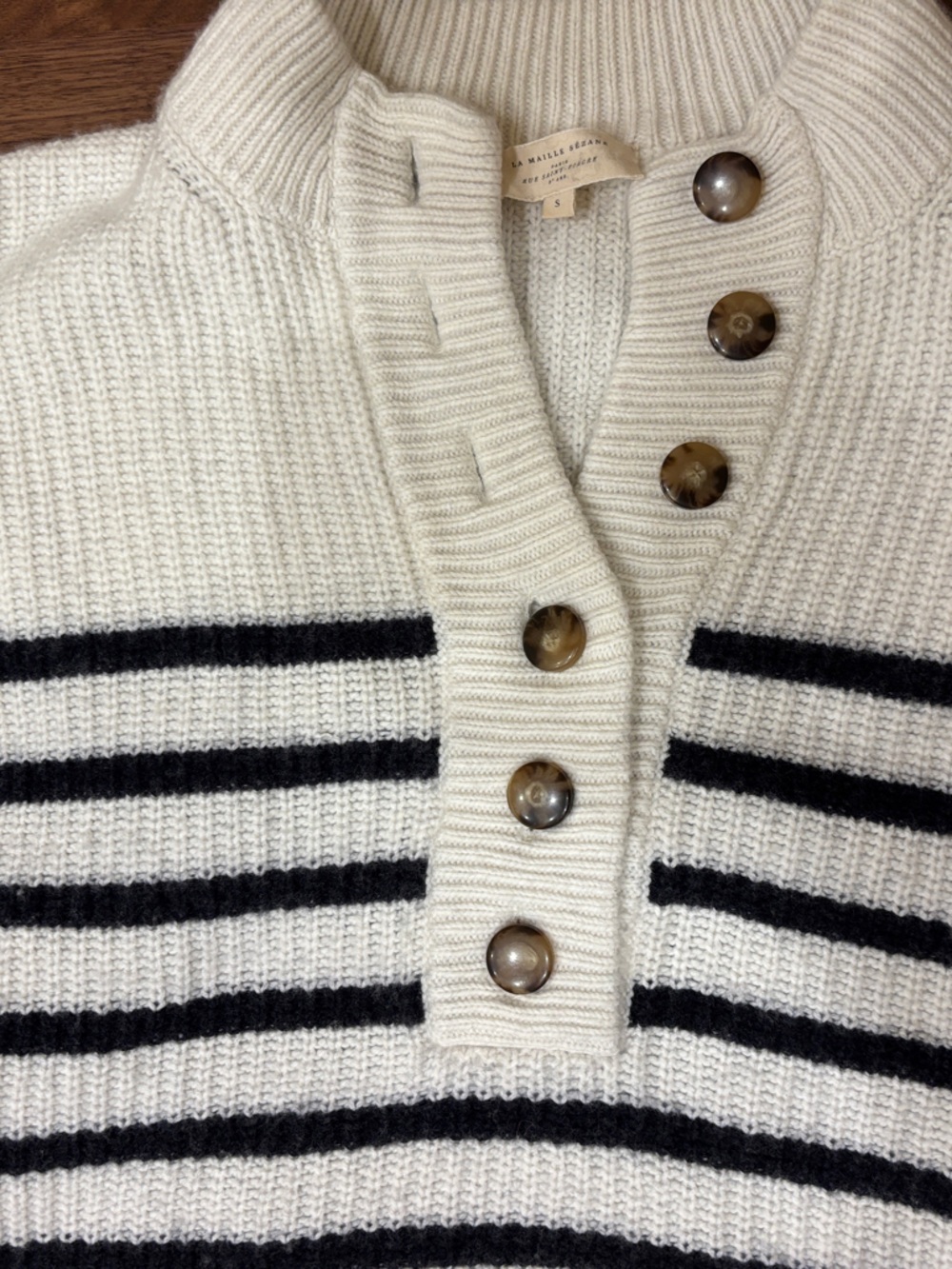 Sezane Lucas Cream and Navy Button-Front Women’s Sweater - Picture 5 of 5